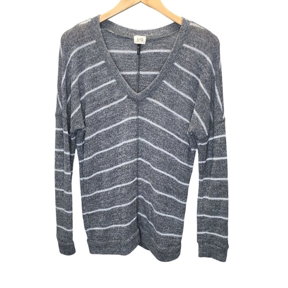 V-Neck Sweater Women Size Small Gray Stripe  V-Neck Casual Basic  Preppy Staple